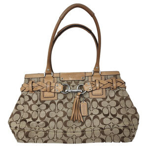 Coach F13068 Women Tan Hampton Signature Carryall Braid Accents Tote Purse Large